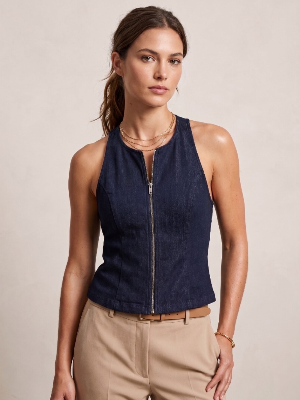 ZARA NWT Dark Denim Zip-Front Vest Top (Medium)
